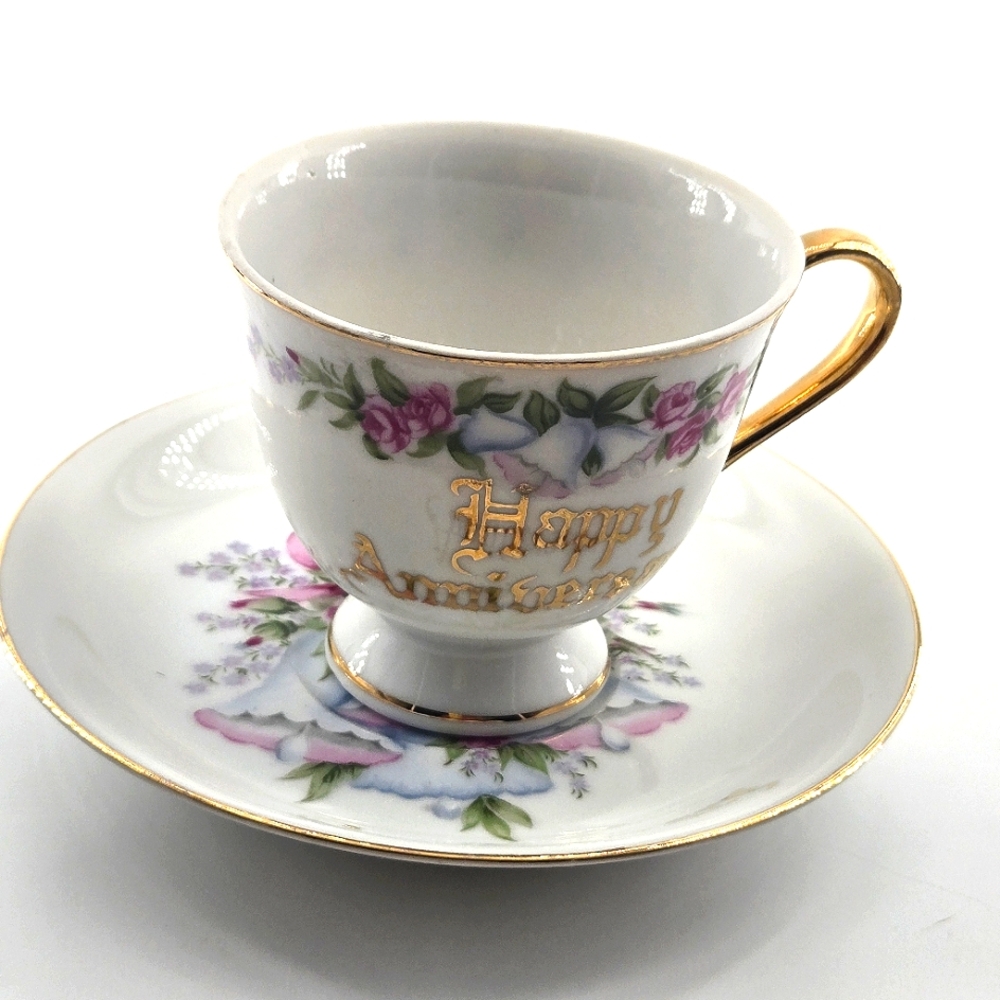 Norcrest Japan "Happy Anniversary" Tea Cup & Saucer Set